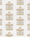 A sheet of wrapping paper featuring a repeating pattern of pastel pink carousel rides on a white background, with a small QR code printed in the bottom-left corner.