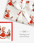 Vintage-style baby's first Christmas card and matching wrapping paper: a woman in a red coat trimmed with white fur pushes a pram with one sleepy baby, wrapped gift with a white satin bow, Baby It's Cold Outside baby shower set