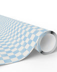 A roll of wrapping paper featuring a light blue and white checkered pattern, shown partially unrolled on a clean white background.