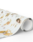 Roll of Carousel Menagerie wrapping paper featuring whimsical carousel animals on blue stripes.