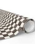 A roll of wrapping paper featuring a checkerboard pattern in dark brown and off-white, shown on a clean white background.