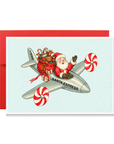 Vintage-style Santa waving from a silver Santa Express jet with peppermint candy propellers and a sack of toys, flying Santa airplane Christmas card