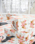 Gift wrap featuring vintage-style girls flying a plane on a light background.