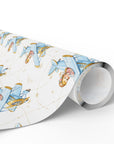 A roll of wrapping paper featuring a repeating pattern of powder blue airplanes piloted by darling little girls against a soft background with compass roses and navigation lines.