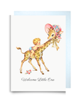 Vintage-style new baby boy card with a baby in blue riding a giraffe in a flowered bonnet and the words Welcome Little One