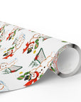 Vintage snowman pickleball Christmas gift wrap showing a snowman with a green paddle, a yellow pickleball and a net with a red bow.