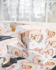 Polar bear hug baby boy gift wrap on wrapped presents, cozy winter baby shower wrapping paper