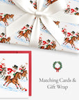 Vintage-style polo Christmas card with matching Santa polo gift wrap, Santa, a snowman and a reindeer on horseback, tied with white satin ribbon