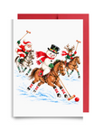 Vintage-style polo Christmas card with Santa, a snowman in a top hat and a reindeer on horseback swinging polo mallets through the snow