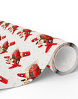 A roll of Christmas gift wrap featuring red airplanes piloted by Santa Clause.