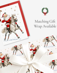 Vintage-style Santa polo Christmas card with matching Santa on a gray horse gift wrap, tied with white satin ribbon