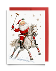 Vintage-style Santa riding a galloping gray horse with a polo mallet raised, Santa polo Christmas card