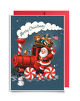 Vintage-style Santa driving a red steam train with peppermint candy wheels and a Merry Christmas steam cloud, Santa train Christmas card