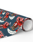 A roll of Christmas wrapping paper with a festive pattern of Santa Claus, red trains, candy canes, white clouds, and the text 'Merry Christmas' on a dark blue background.