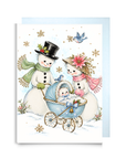 Vintage-style snowman couple pushing a blue baby carriage with a bluebird and snowflakes, snowman baby boy Christmas card
