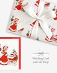 Vintage-style triplets first Christmas card and matching wrapping paper: a woman in a red coat trimmed with white fur pushes a pram with three sleepy babies, wrapped gift with a white satin bow, Winter Wonderland triplets baby shower set