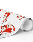 A roll of vintage-style triplets first Christmas wrapping paper with a repeating pattern of a woman in a red coat trimmed with white fur pushing a pram with three sleepy babies, wreath-trimmed lampposts and snowy fir trees on a white background, Winter Wonderland triplets baby shower gift wrap