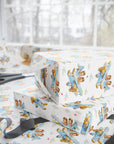 Gift wrap featuring vintage-style twin boys piloting a airplane on a light background.