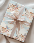 Twin boys stork wrapping paper on a gift with a blush ribbon resting on soft silk