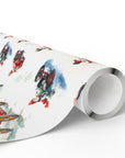 Roll of vintage-style snowman race car Christmas wrapping paper with snowmen driving red and green race cars, snowman gift wrap roll