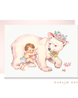 Vintage-inspired polar bear and baby girl greeting card with pink envelope by Harlow Day.