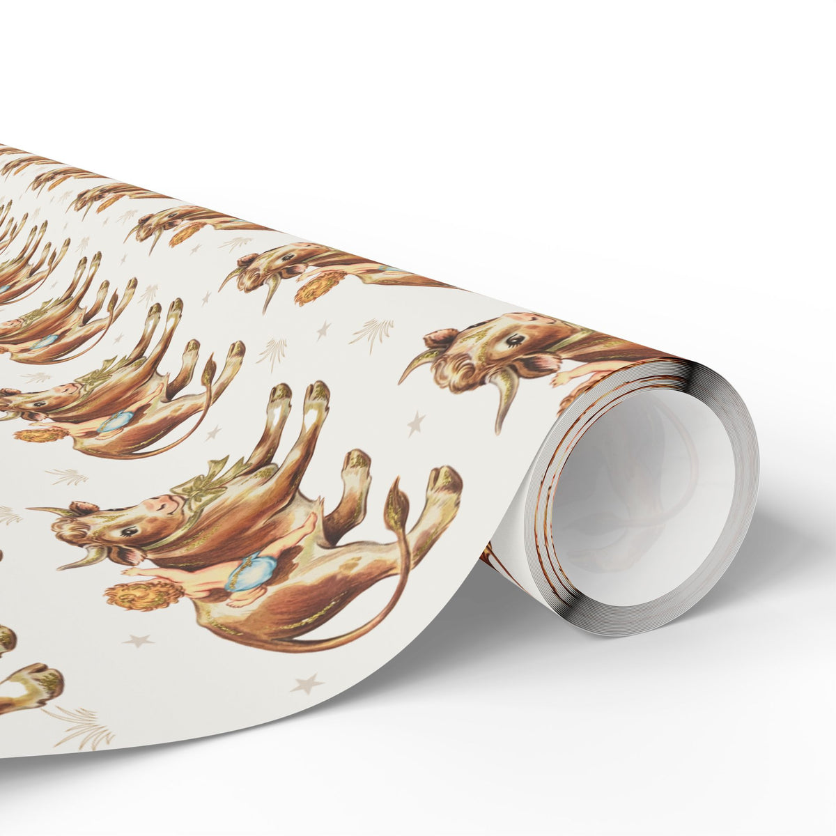 Roll of wrapping paper with storybook illustrations of babies and cow design on a light background. 