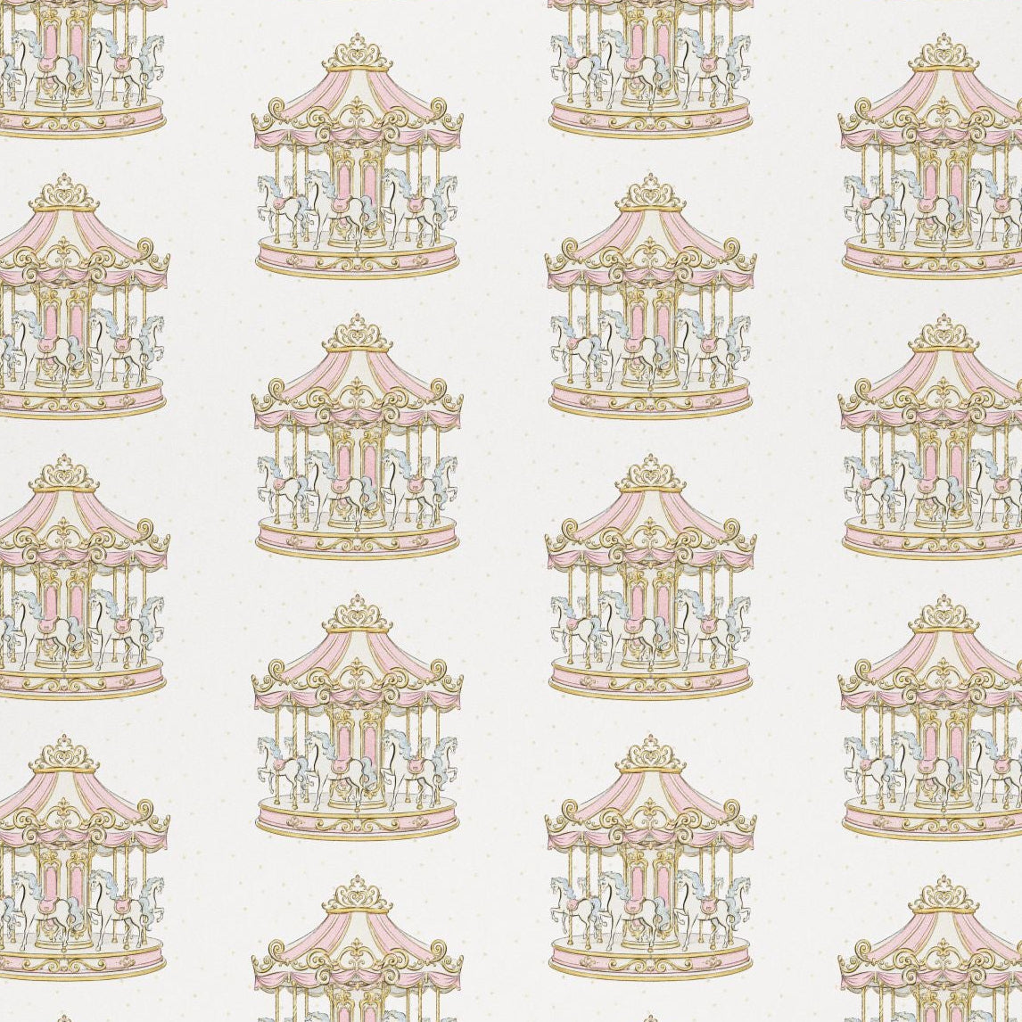 A sheet of wrapping paper featuring a repeating pattern of pastel pink carousel rides on a white background, with a small QR code printed in the bottom-left corner.