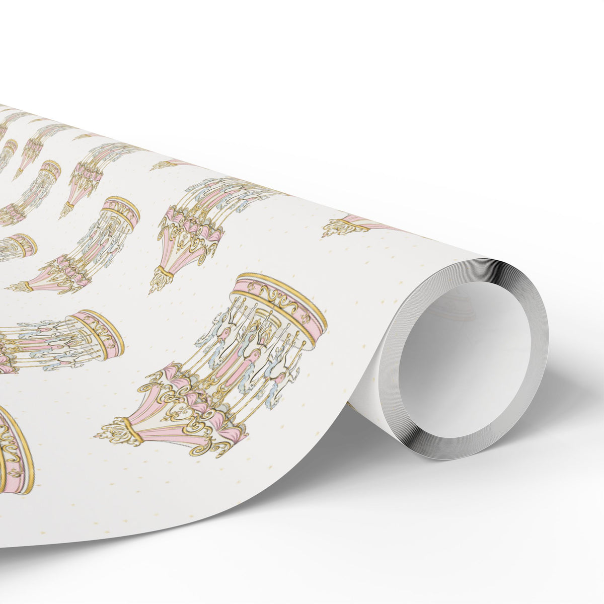 A roll of white wrapping paper featuring a repeating pastel pattern of carousel illustrations, shown on a clean white background.