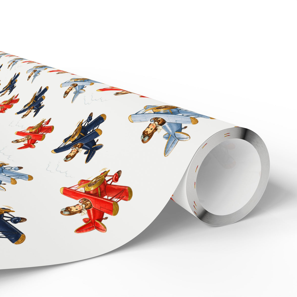 A roll of white wrapping paper featuring a repeating pattern of vintage-style toy airplanes in red, blue, and gold, shown on a clean white background.