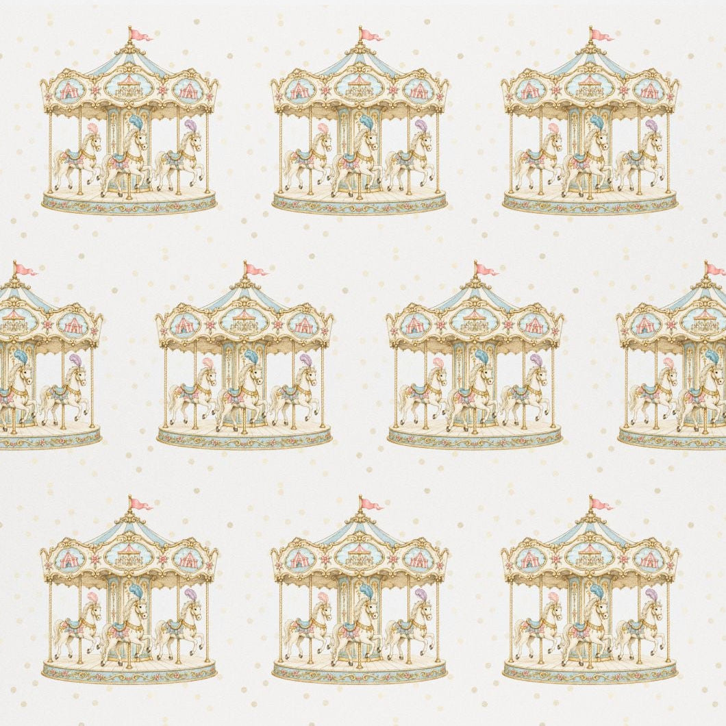 A flat rectangular sheet featuring a repeating pattern of vintage carousel illustrations in muted gold and beige tones on a warm off-white background.