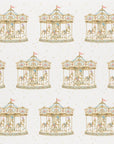 A flat rectangular sheet featuring a repeating pattern of vintage carousel illustrations in muted gold and beige tones on a warm off-white background.