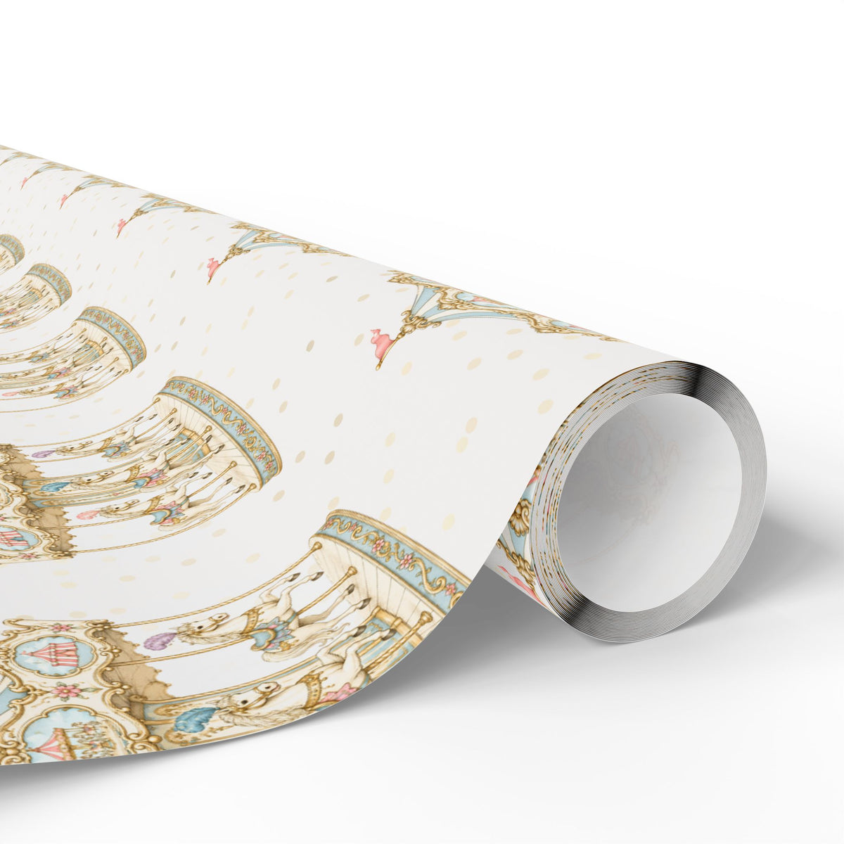 A roll of wrapping paper with a vintage carousel illustration, partially unrolled to show the pattern on a clean white background.