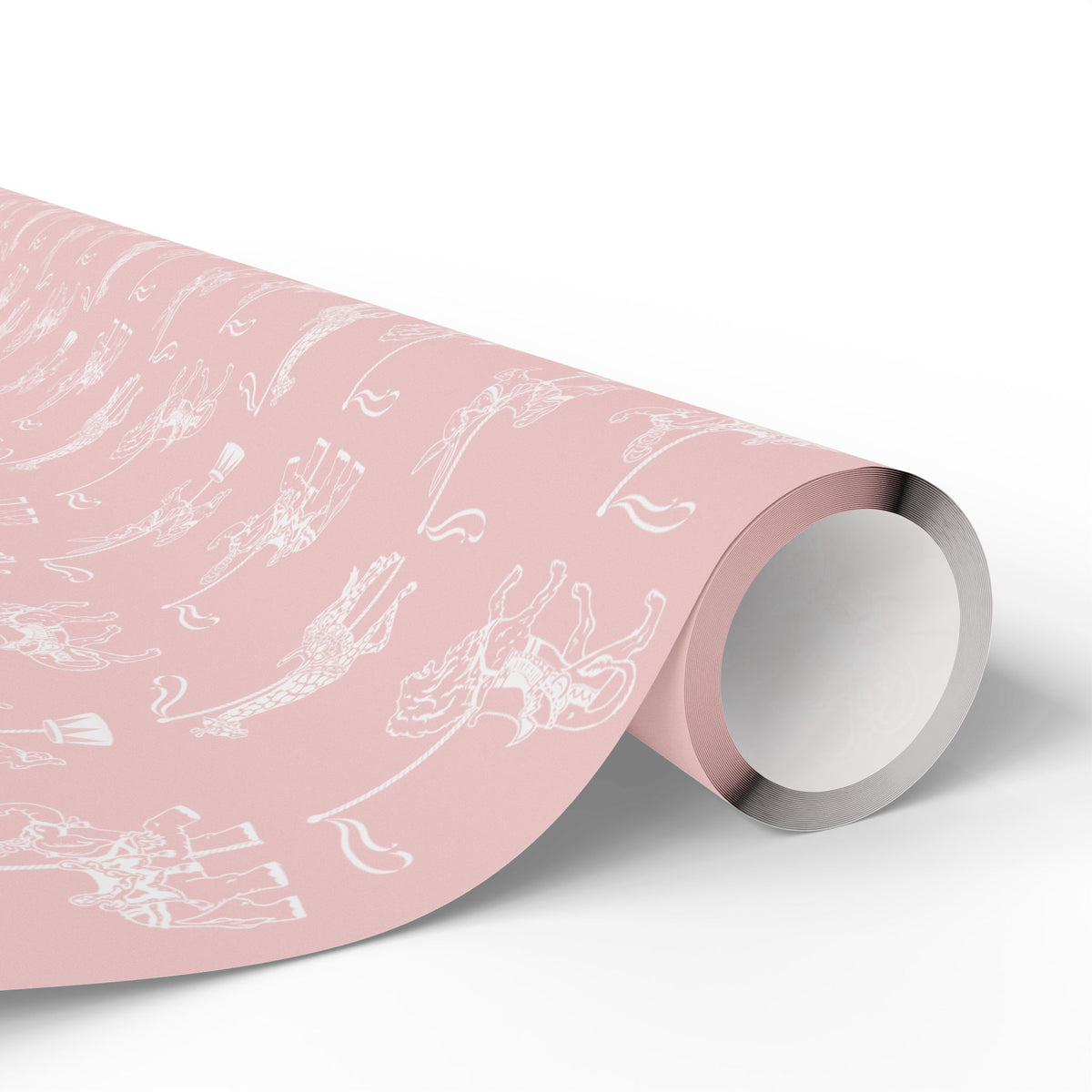 A roll of light pink wrapping paper with a white carousel animal pattern of whimsical illustrations, shown partially unrolled on a clean white background.