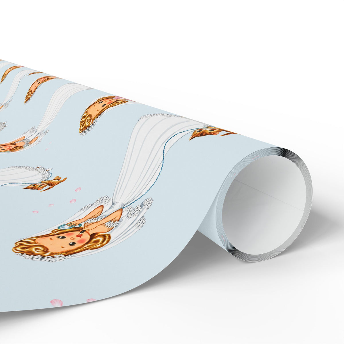 A roll of wrapping paper with a light blue background and a repeating illustration of a retro bride with a veil and bouquet, shown on a clean white background.