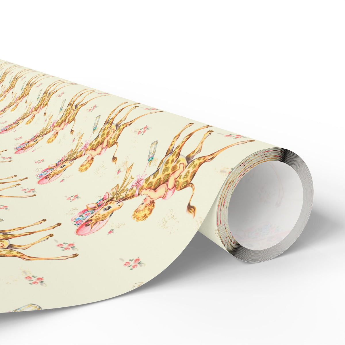 A roll of wrapping paper featuring a whimsical watercolor print of giraffes and babies on a butter yellow background,