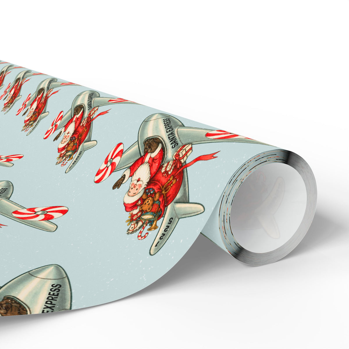 A roll of light blue wrapping paper featuring a vintage-style illustration of Santa Claus flying in a silver airplane with candy canes and toys.