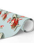 A roll of light blue wrapping paper featuring a vintage-style illustration of Santa Claus flying in a silver airplane with candy canes and toys.