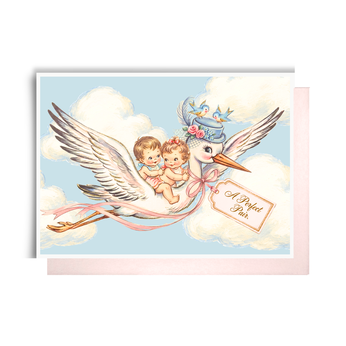 New Baby Twins Card | Boy and Girl Vintage Stork Card