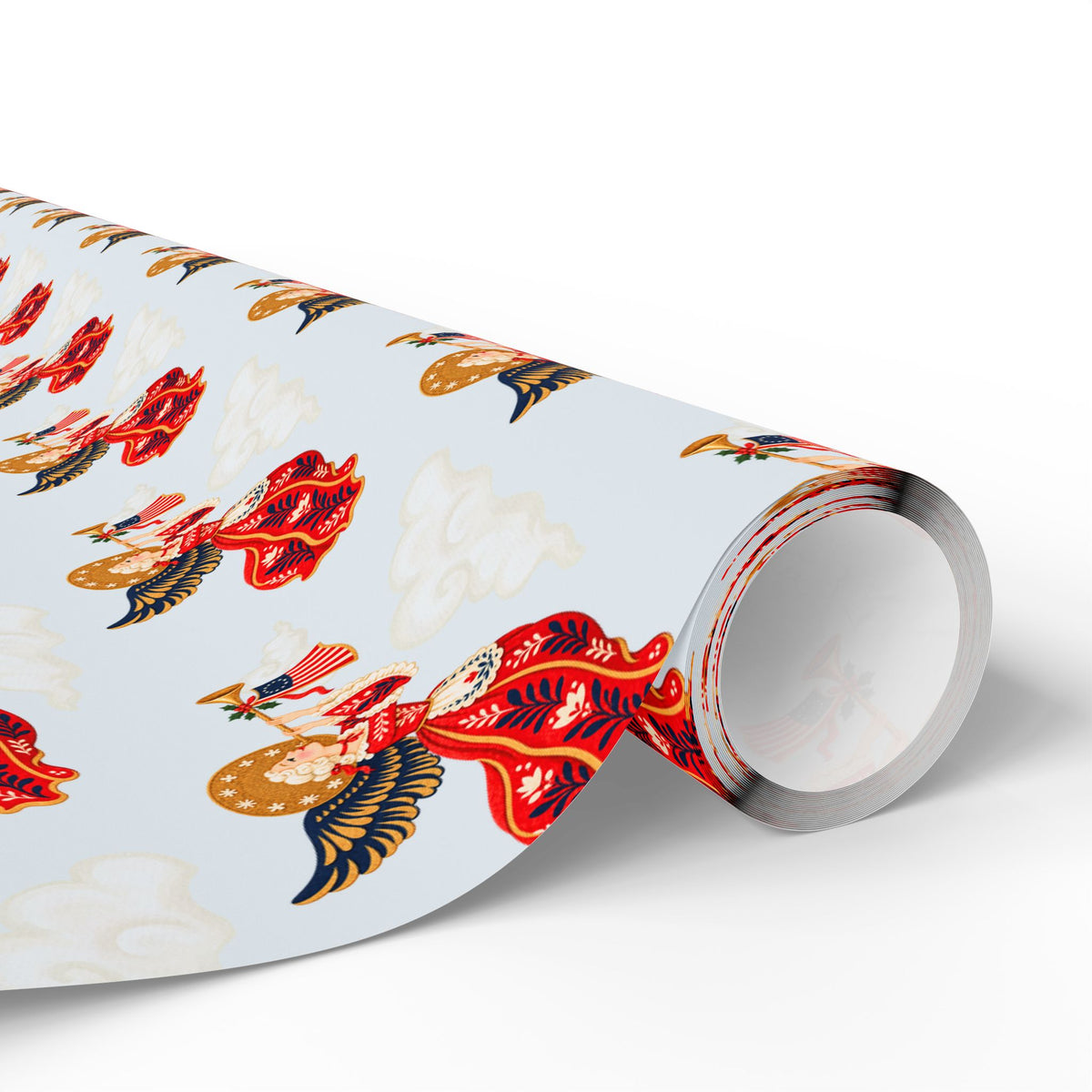Roll of vintage-style patriotic angel Christmas wrapping paper with trumpet angels in red gowns, angel gift wrap roll