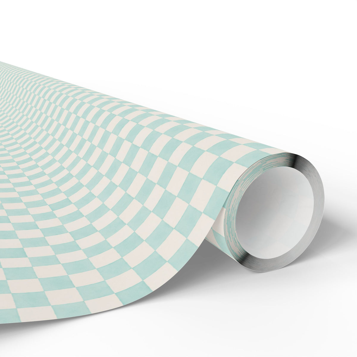 A roll of wrapping paper with a aquamarine and soft white checkerboard pattern, shown partially unrolled on a clean white background.