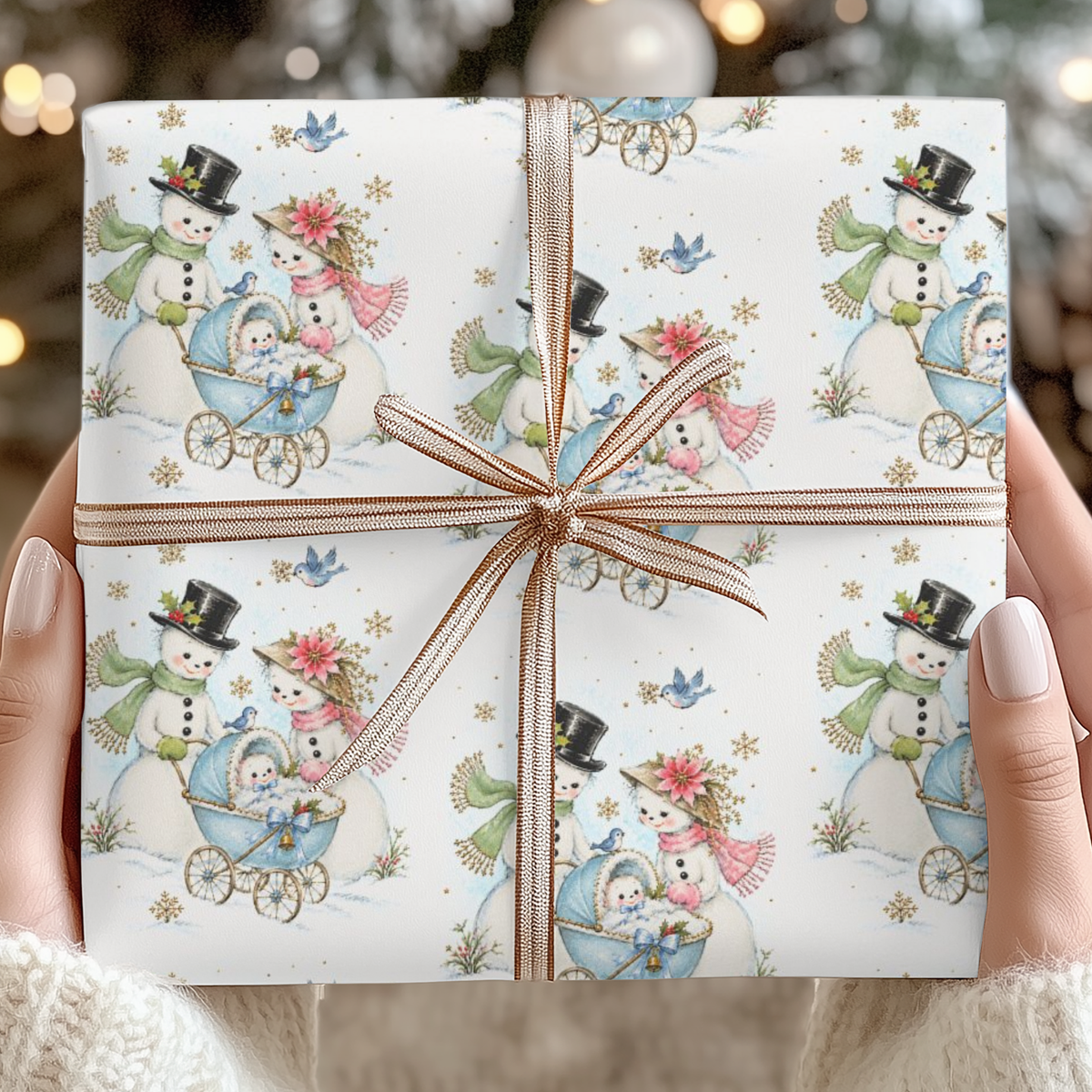 Hands holding a Christmas gift wrapped in vintage-style snowman baby boy wrapping paper with a blue baby carriage and a copper striped ribbon bow