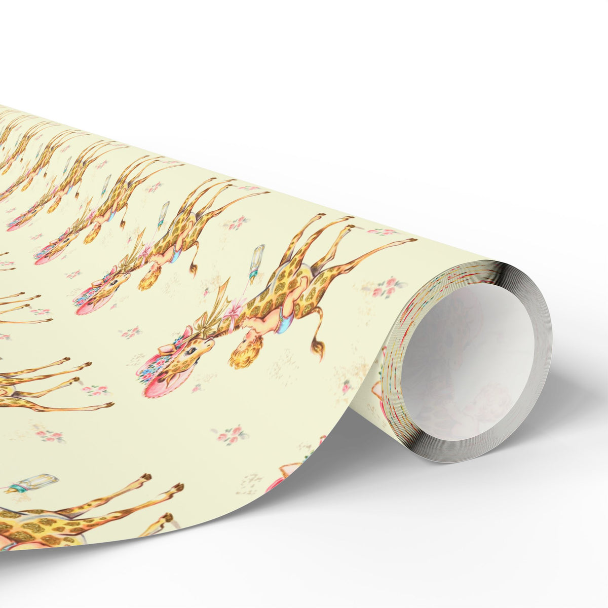 Roll of baby boy giraffe gift wrap with a repeating pattern of baby boys riding giraffes in floral bonnets, baby bottles and tiny roses