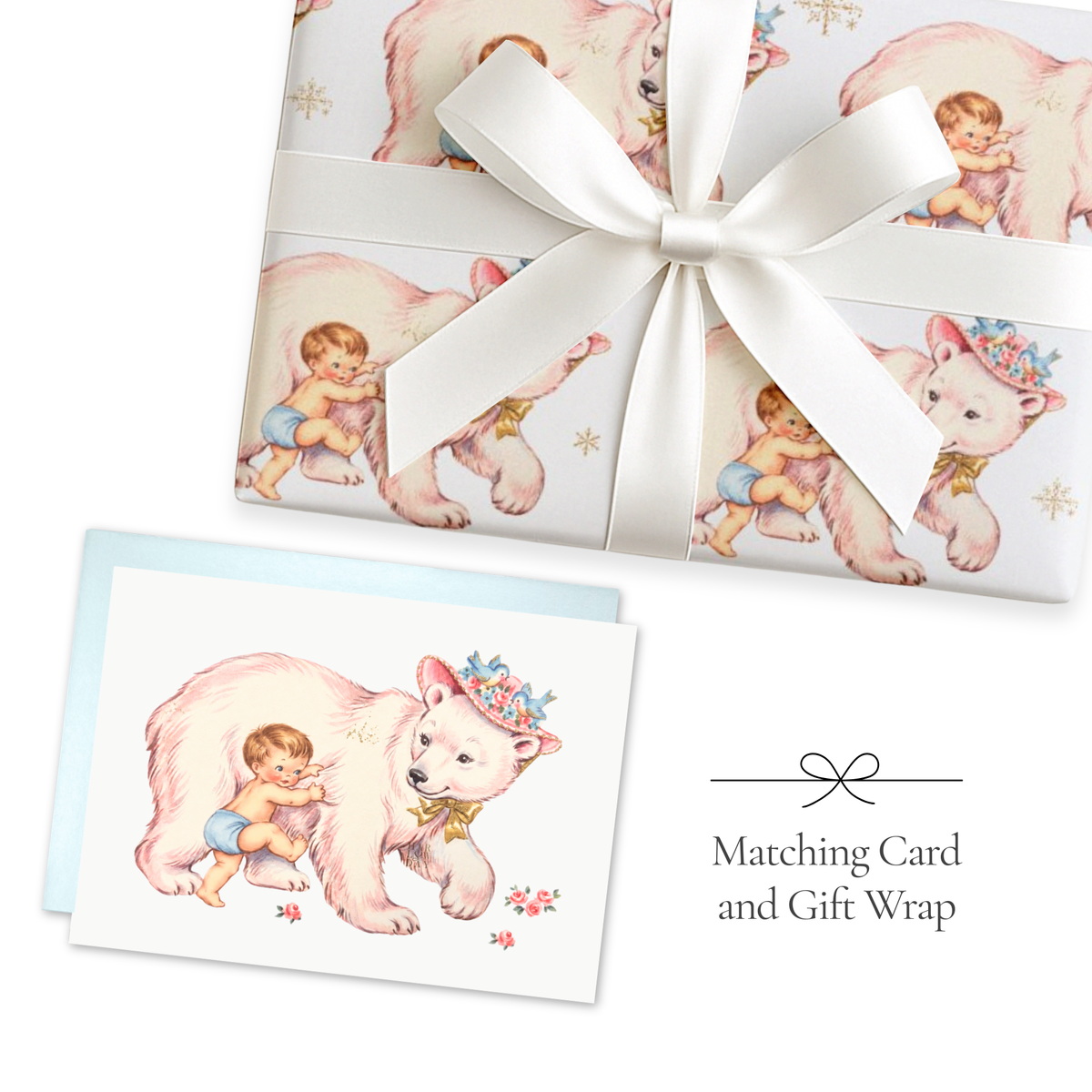 Whimsical baby boy polar bear greeting card and matching gift wrap.
