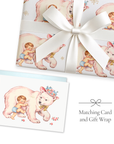 Whimsical baby boy polar bear greeting card and matching gift wrap.
