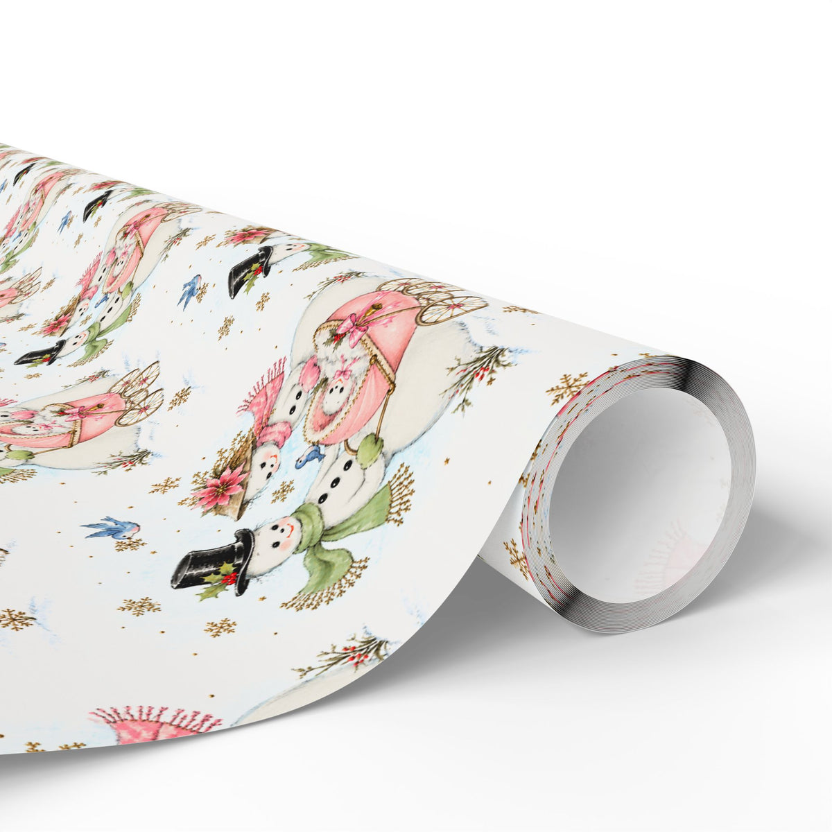 Roll of vintage-style snowman baby girl Christmas wrapping paper with snowmen and pink baby carriages, pink snowman gift wrap roll