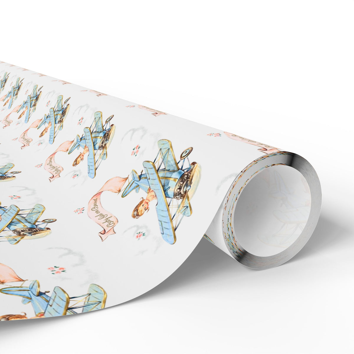 A roll of wrapping paper with a vintage illustration pattern of blue biplanes and a baby girl pilot on a white background.