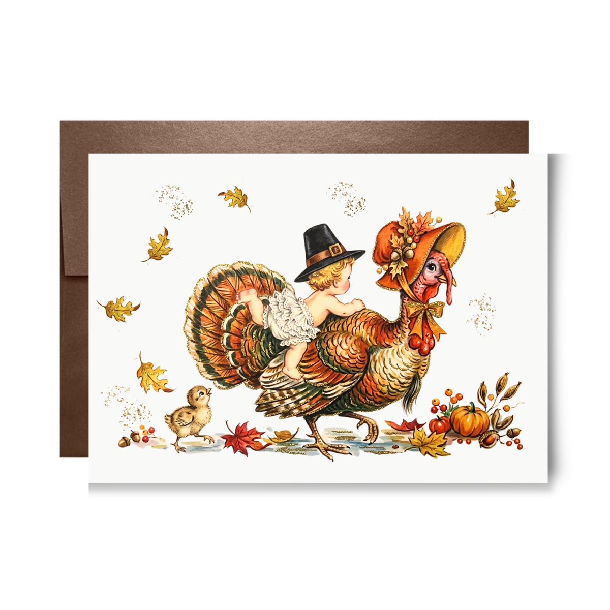 Vintage-style baby in a black pilgrim hat riding a turkey in a leafy bonnet with a baby chick, autumn leaves and a pumpkin, Thanksgiving card