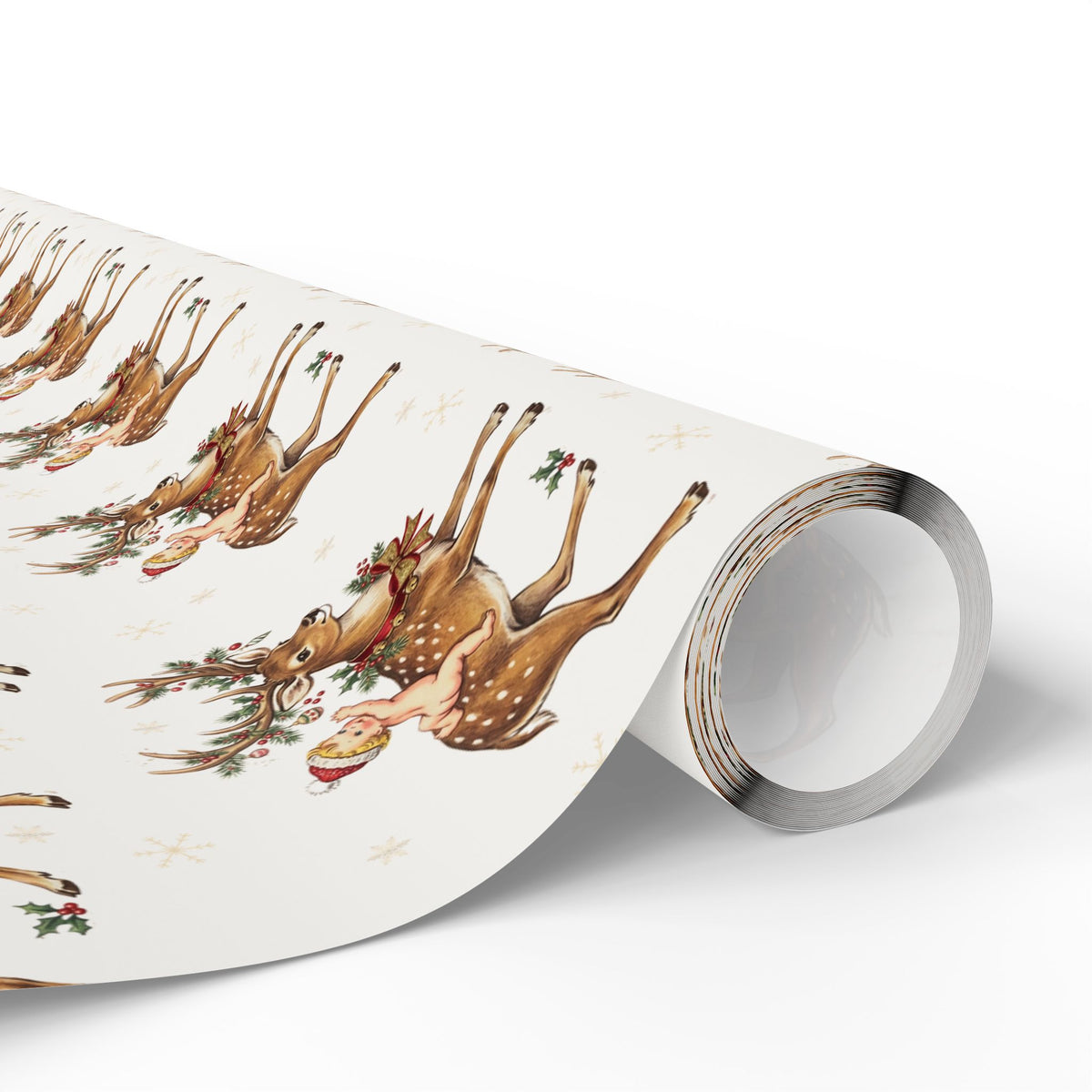 A roll of Christmas baby shower wrapping paper featuring a baby atop a festive reindeer on an ivory background.