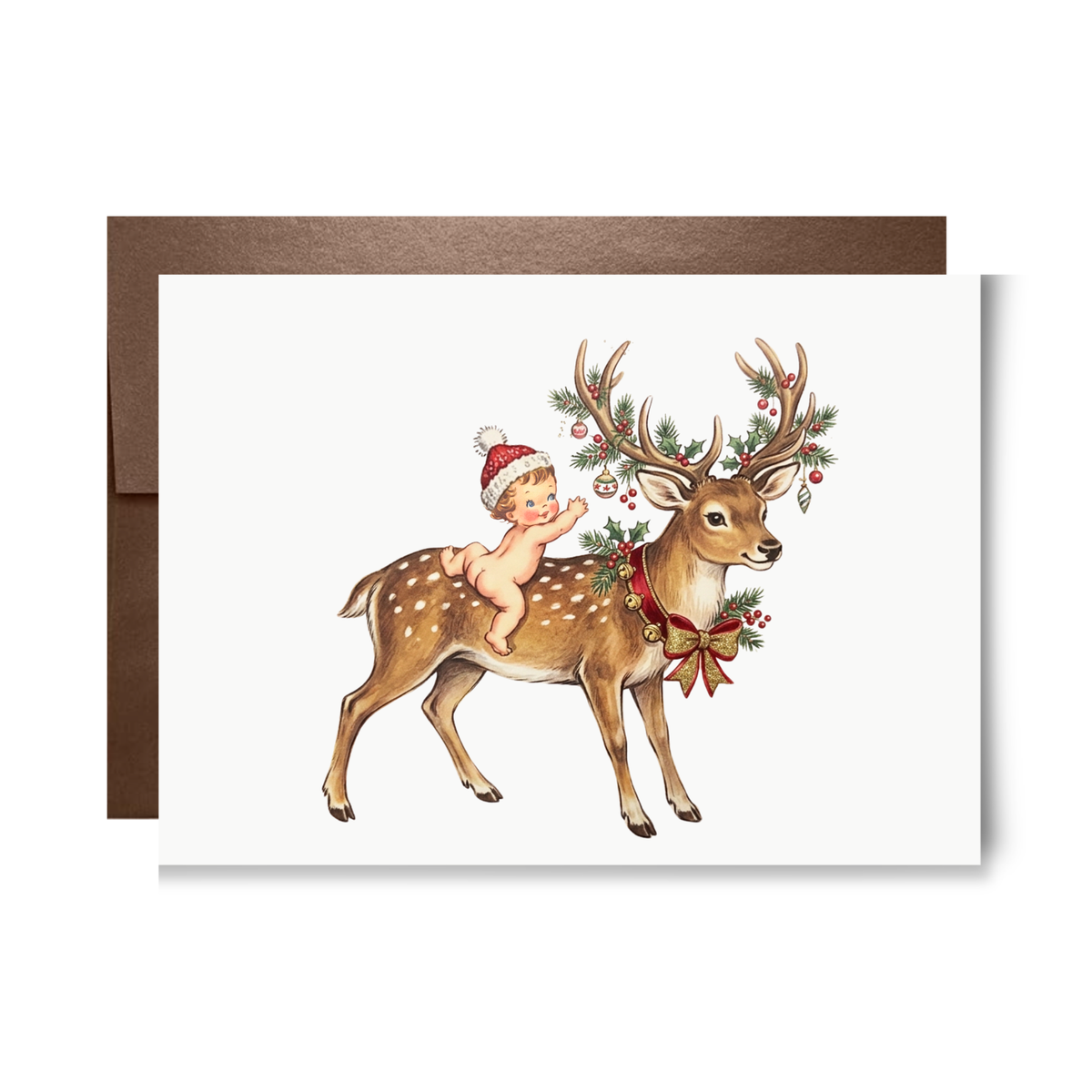 Vintage-style baby in a red Santa hat riding a spotted reindeer with antlers decked in holly, berries and ornaments, reindeer Christmas card
