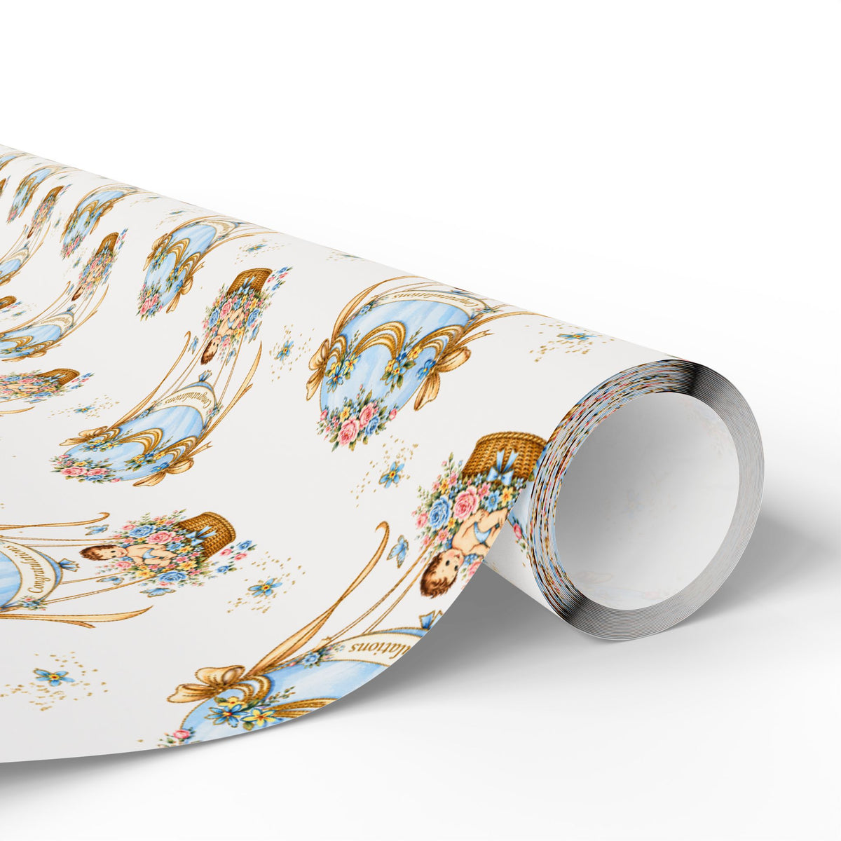 Wrapping paper roll featuring baby boys in blue hot air balloons with floral and ribbon design on a white background.